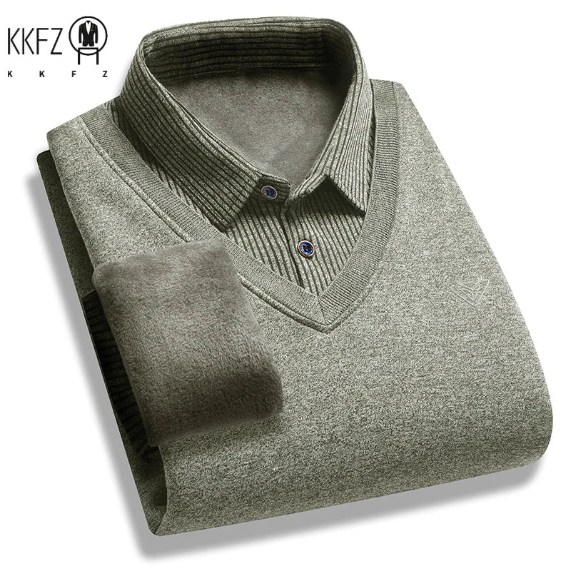 Cold Weather Mens Fake Waistcoat Sweater Soft Fleece Lining Vertical Striped Long Sleeve Collared Knit Workplace Inner Shirt