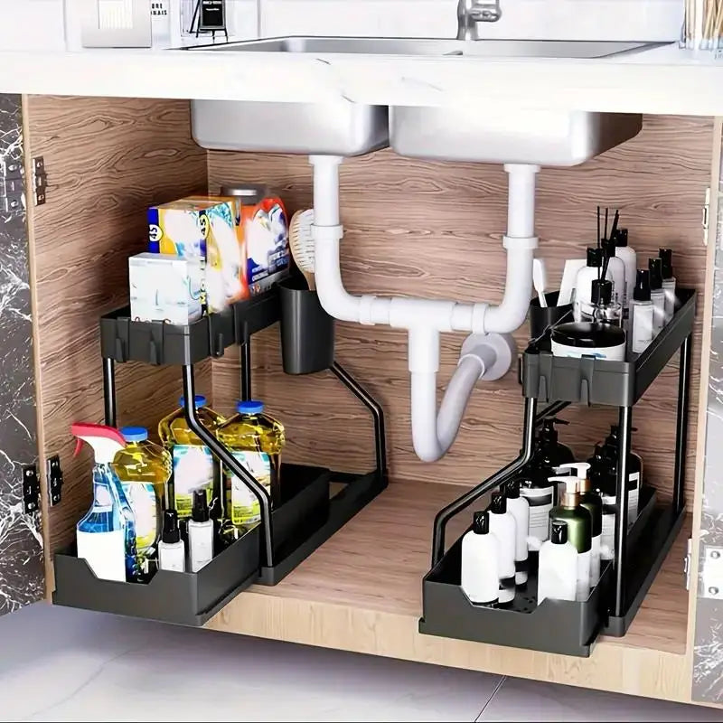 2-Tier Pull-Out Storage Drawers - Heavy-Duty Space Saving Organizer for Kitchen & Bathroom Essentials Bathroom Essentials