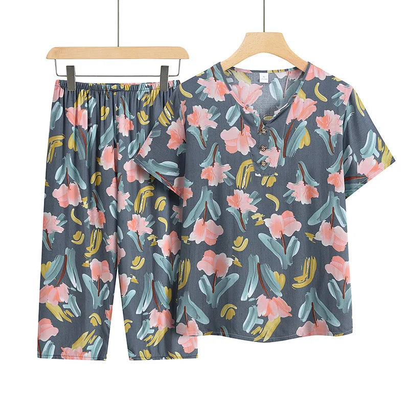 Women's Summer Pajamas Short-Sleeved Night Wear For Ladies Sleepwear Two-piece Middle-aged Pijama Floral Home Wear Pyjama Femme
