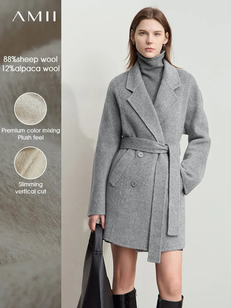 អាវរោមចៀម AMII Minimalism Alpaca សម្រាប់ស្ត្រីជាមួយខ្សែក្រវ៉ាត់ឆ្នាំ ២០២៥ រដូវរងាថ្មី Lapel Collar អាវធំពីរជាន់ 12454031