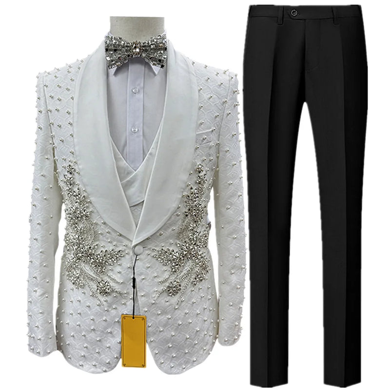 Men’s White Sequin & Crystal Embroidered Shawl Collar Blazer + Vest + Black Slim Fit Trousers - Dazzling Formal Suit Set