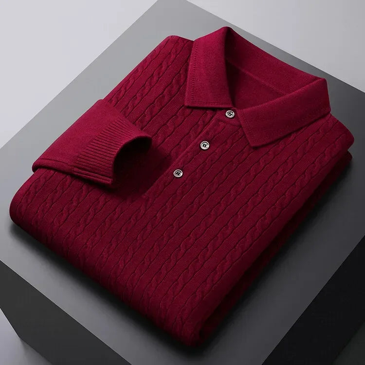 Men's Old Money Twisted Knit Solid Color Long Sleeve Polo Shirt - Business Casual Pullover Sweater for Autumn