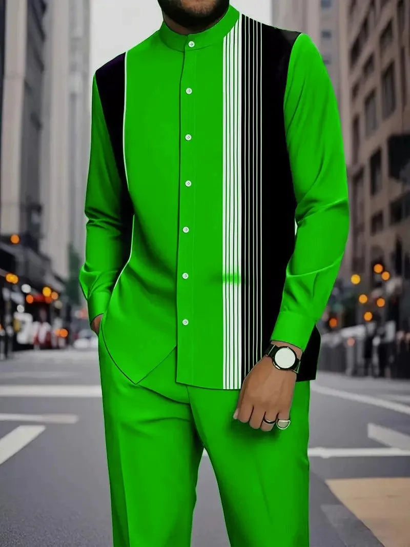 Men's Two-piece Set for Spring/Fall: An Ethnic-style Long-sleeve Shirt Paired with Pants, Red, Blue, Green, Gray, Black, Purple.