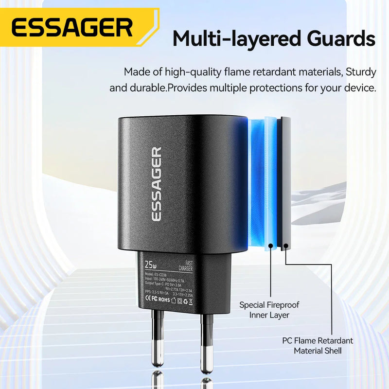 ឆ្នាំងសាក Essager 25W USB C PD ឆ្នាំងសាកសាកលឿន ឆ្នាំងសាកទូរស័ព្ទរហ័សសម្រាប់ iPhone 16 15 Pro Max Xiaomi 14 Oneplus Xiaomi Samsung