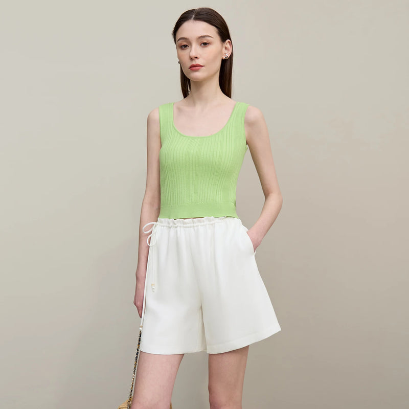 Amii Women's Shorts 2026 Summer New Elastic Tie Waist Ruffle Drawstring Linen Casual Pants Loose Office Woman Clothes 12622111