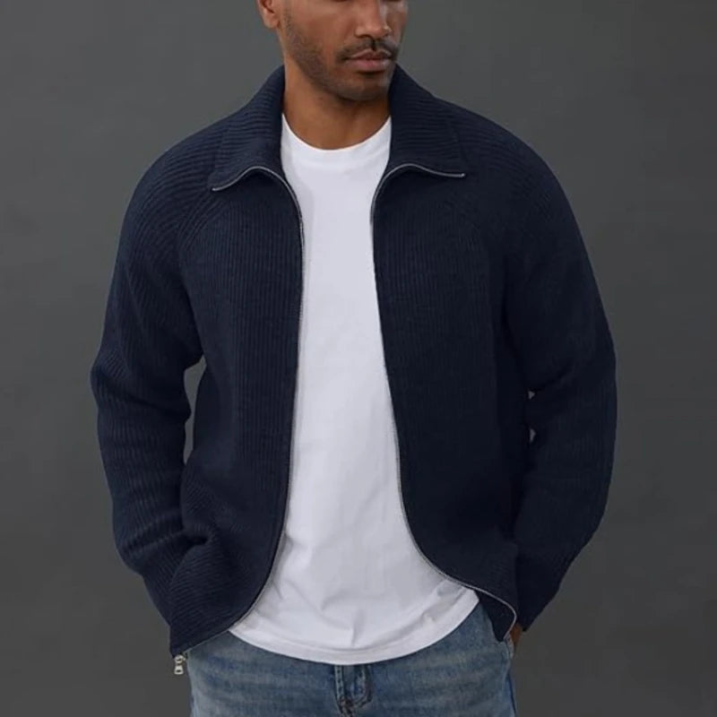 Global Bestseller Men's Zip-Up Knit Sweater, Casual Acrylic Blend Pullover, Gray Black Navy Brown, M-3XL
