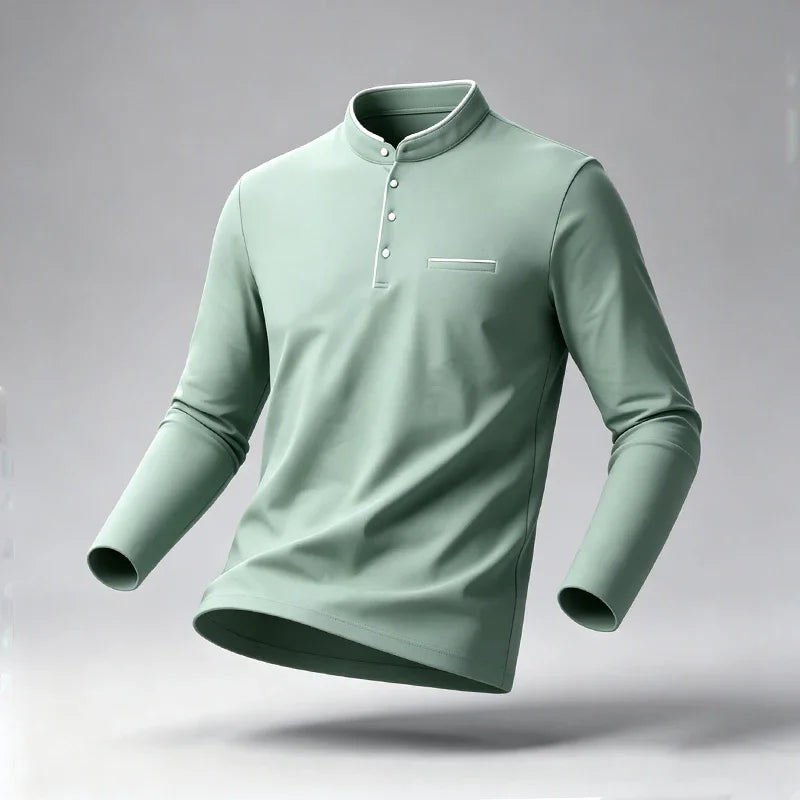 Men Stand Collar Long Sleeve Polo Shirt Slim Fit Half Button Design Chest Pocket Soft Fabric Business Daily Tops