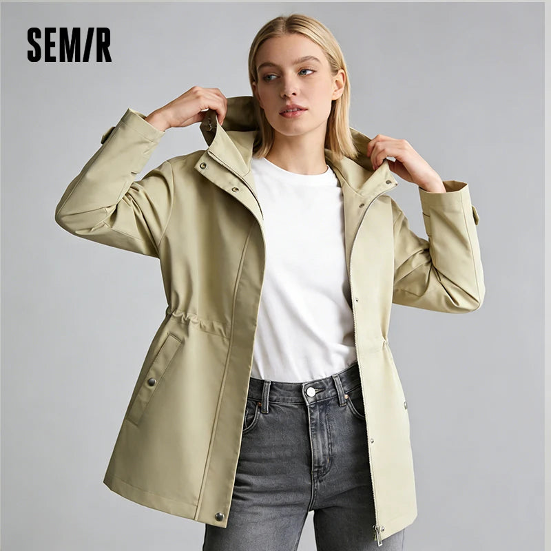 Semir Commute Jacket Women Spring Mid Length Hooded Drop Shoulder Waist Cinched Windproof Waterproof Stain-Resistant Top