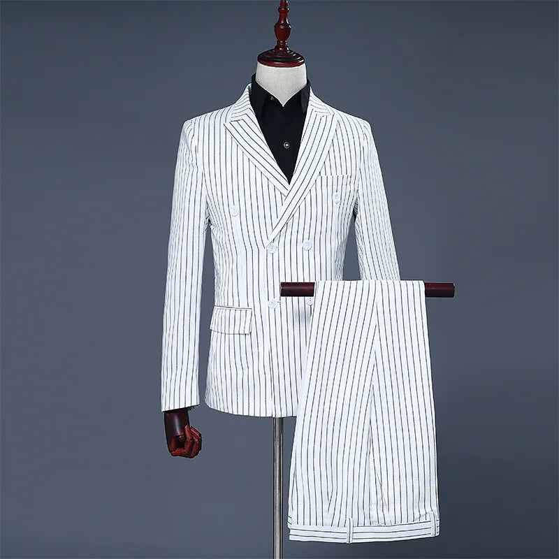 Navy Blue Mens Double-breasted Suit Two-piece Set, White Vertical Striped Jacket Paired with Matching Trousers, Asian Size S-XXL