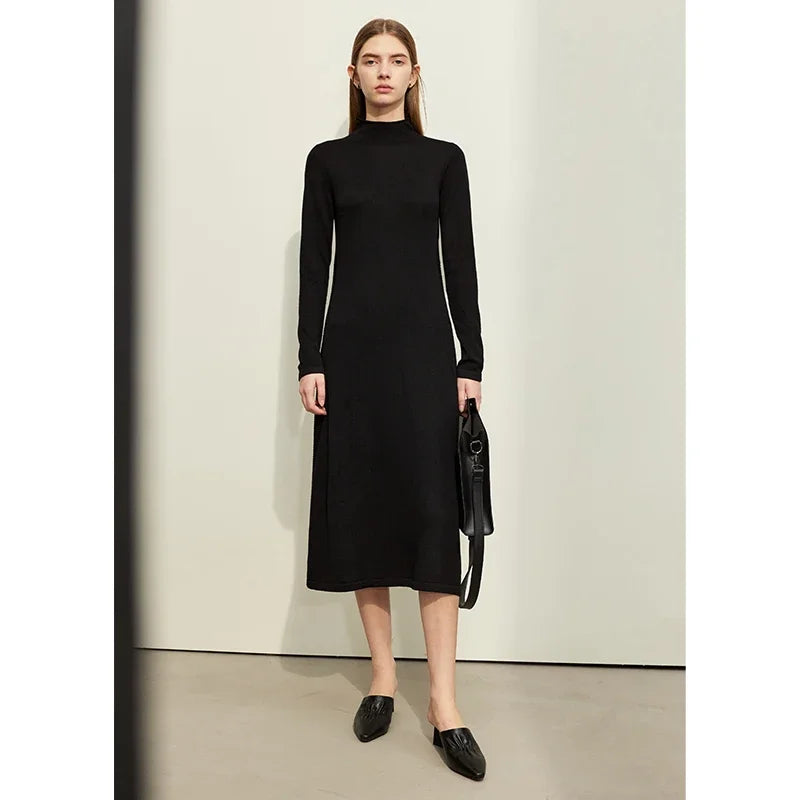 AMII Minimalist Knitting Dresses For Women 2026 Winter New Mid-Calf A-line Long Sleeve Half High Collar Slim Vestidos 12354005