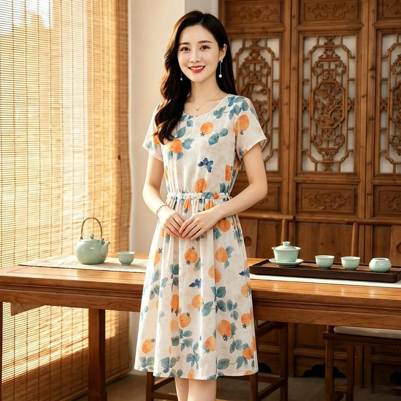រ៉ូបផ្ការដូវក្តៅ O-Neck Midi រ៉ូបសម្រាប់នារីទាន់សម័យ ឈុតឆ្នេរខ្សាច់បែបសាមញ្ញ រ៉ូប Bodycon សម្រាប់ពិធីជប់លៀង និងពិធីជប់លៀង