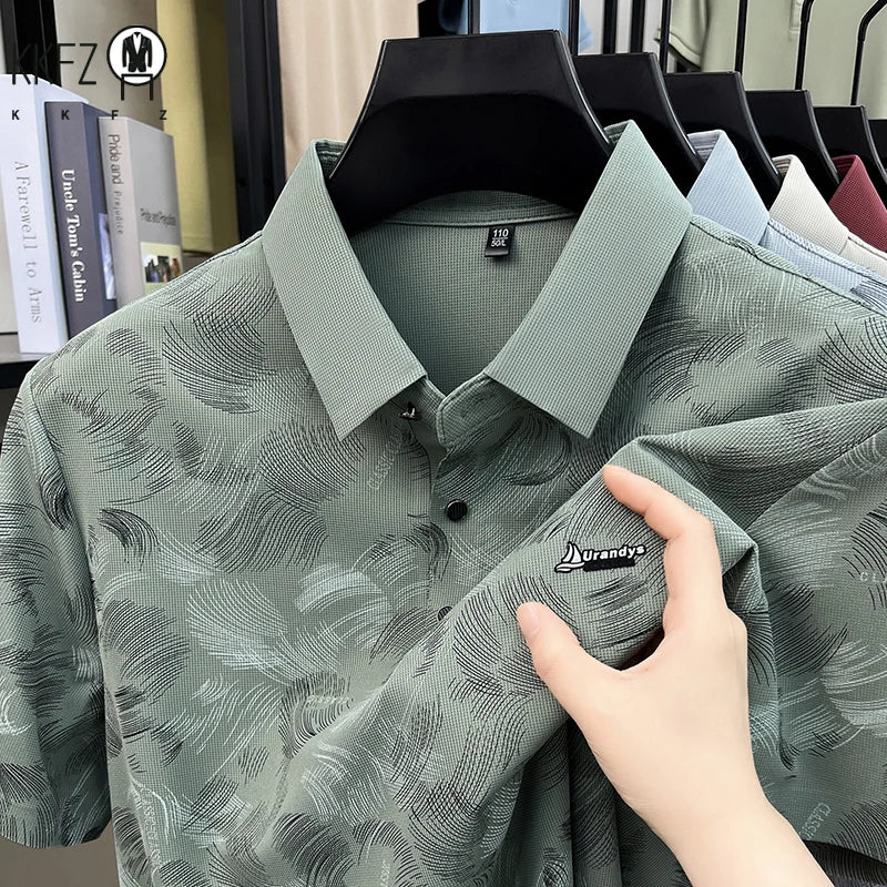 Everyday Wear Abstract Feather Printed Lapel Polo Mens Soft Cloth Casual Dinner And Post work Walking Apparel