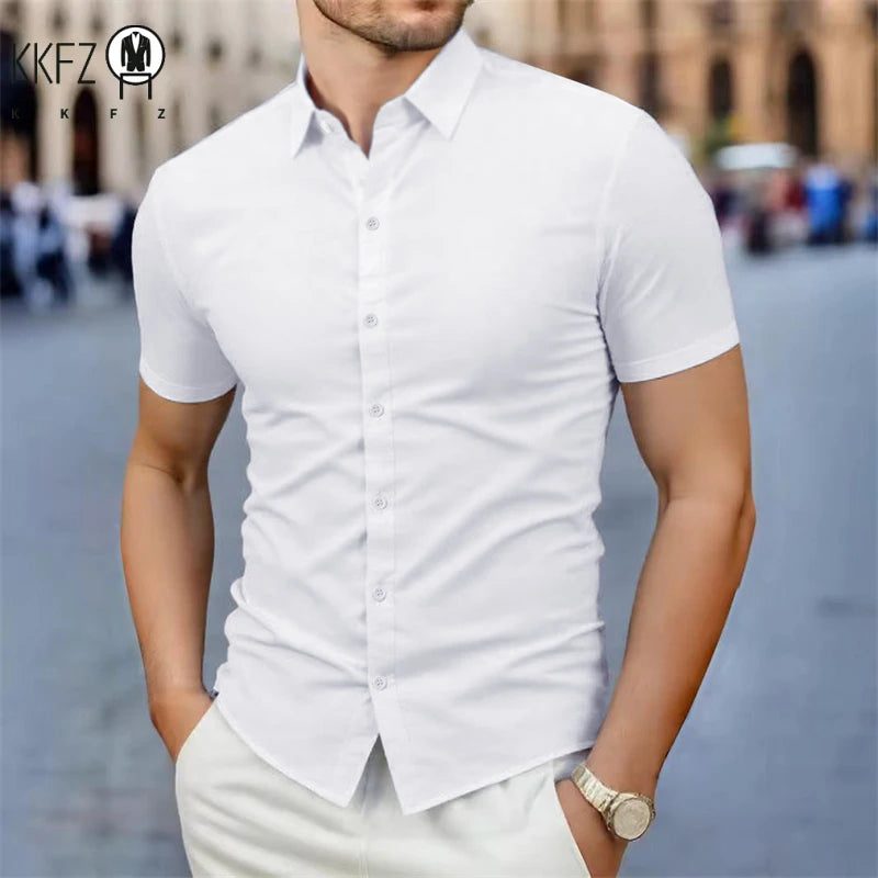Men's Business Casual Solid Color Short Sleeve Shirt Summer Fashion No Ironing Comfortable Versatile Top for Men