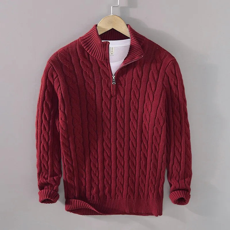 Men's Cable Knit Half Zip Sweater Fall Winter Warm High Neck Pullover 100% Cotton Stretch Knitwear