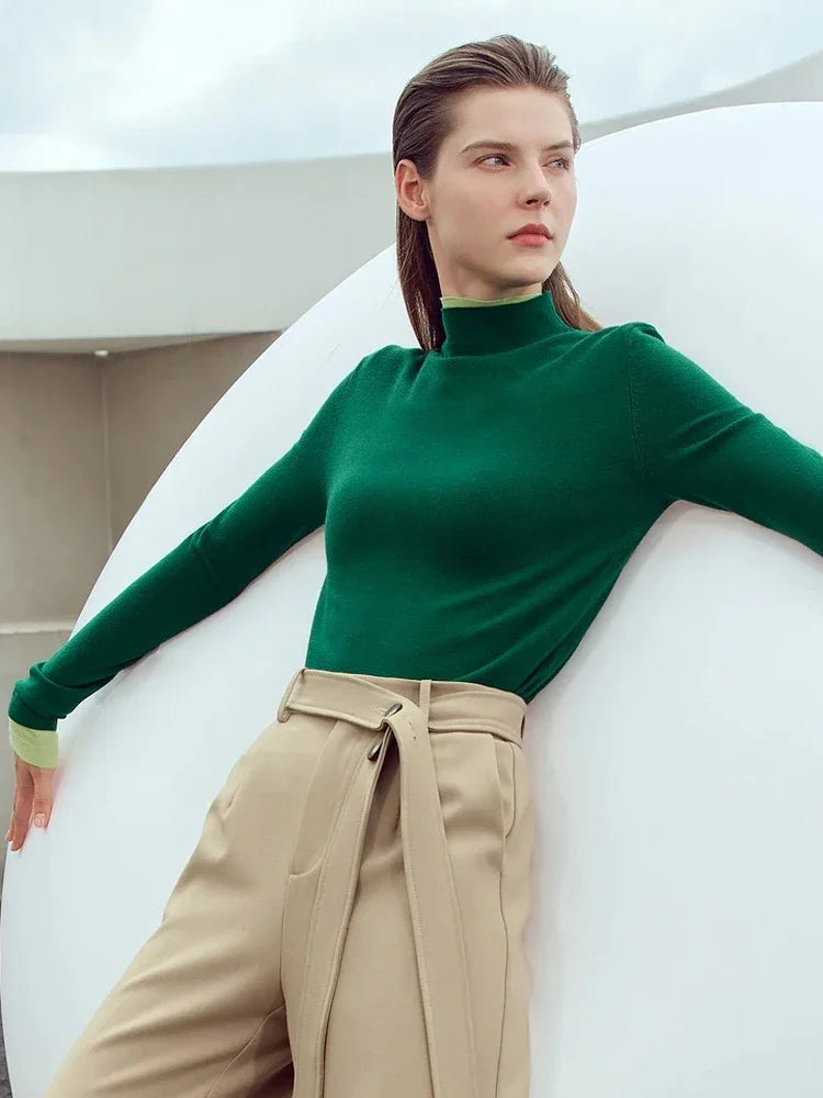 អាវយឺត AMII របស់ស្ត្រី Minimalism កអាវវែង អាវក្រៅ 2025 រដូវស្លឹកឈើជ្រុះថ្មី ស្លីម មូលដ្ឋាន អាវយឺតប៉ាក់រឹង 12363002