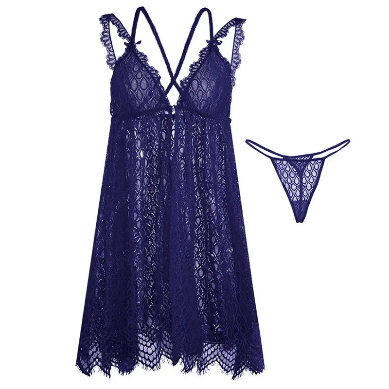 Casual New Large Size Lingerie For Women Sexy Sling Short Dress Thin Lace Summer Nightgowns For Female Night Wear Sleepshirt