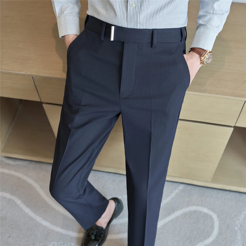 2026 Men's Slim Fit Striped Dress Pants Brown Formal Business Suit Trousers for Office And Wedding Wear High-Quality