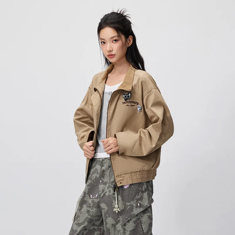 Semir Women Jacket Embroidery Patchwork Stand Collar Brooch Detail Loose Retro Casual Autumn Outerwear Daily Wear 2026