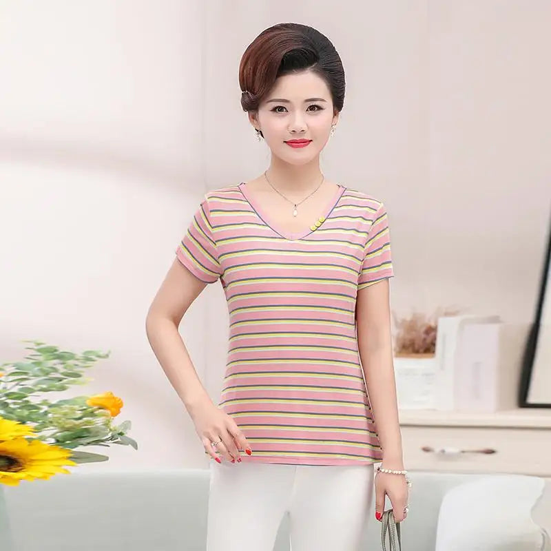 សម្លៀកបំពាក់នារីទាន់សម័យ អាវយឺតដៃខ្លីឆ្នូតៗ រដូវក្តៅ ធម្មតា គ្រប់ម៉ូដ ក V ស្តើង អាវការិយាល័យ អាវយឺតបុរាណ