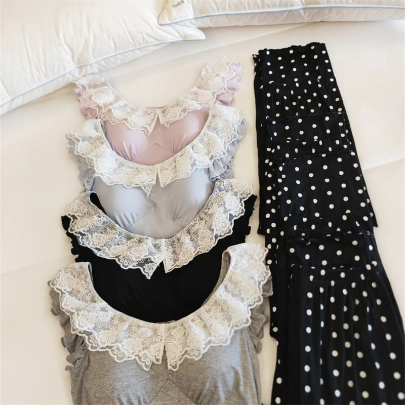 Chest Pads Summer Pajamas Set Soft Sleepwear Lounge Wear Sleeveless 2 Piece Loungewear Suit for Home Wear Pijama Woman Clothes