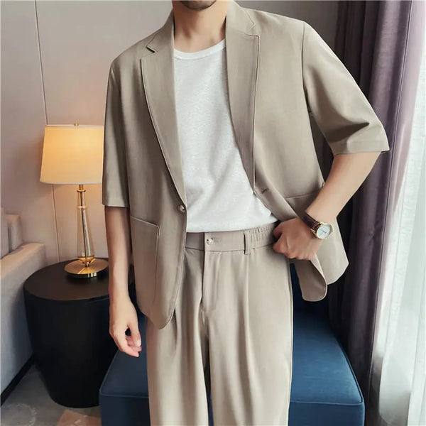 Men's Imitation Linen Short-Sleeve Suit Set – Lightweight Blazer & Wide-Leg Trousers for Summer Business & Casual Wear