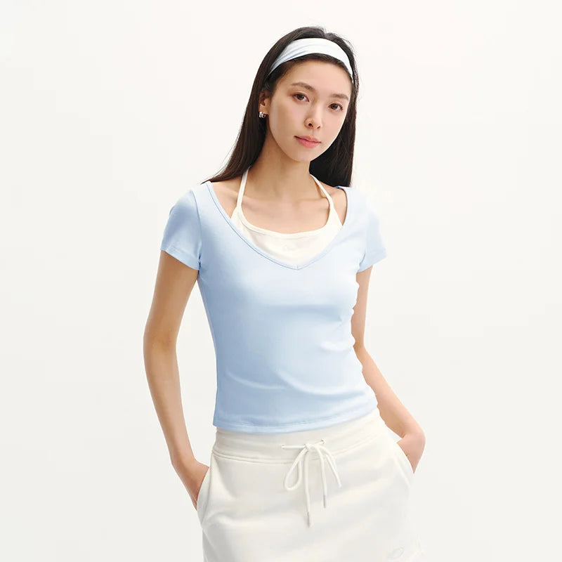 Semir Womens Tshirt 2026 Short Halter V Neck Fake Two Piece Bow Slim Rhinestone Casual Fashion