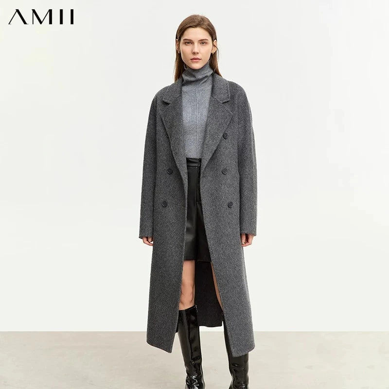 AMII 2026 Winter Lapel Collar Women's Wool & Blends Double-breasted Long Straight Coat Korean Version Outerwear New 12344216