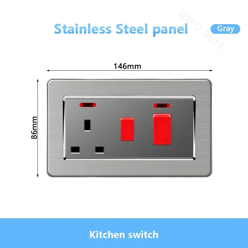 Universal Wall Light Switch Brushed Stainless steel Panel,UK Type-c 18W Quick Charging Socket 220V Double USB Electrical Outlet