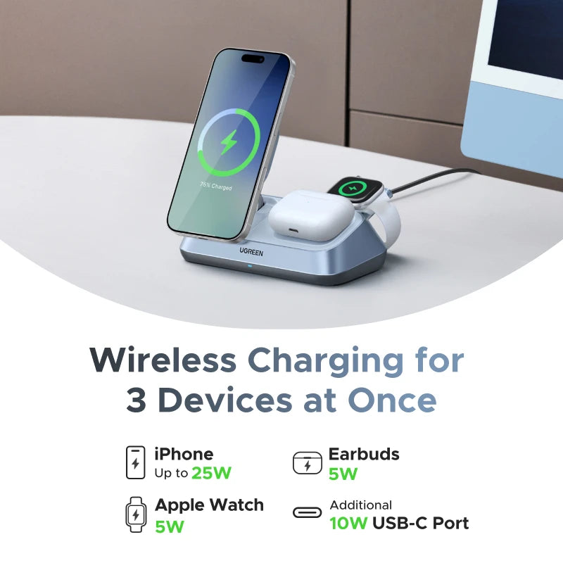 UGREEN Qi2 25W MAX Magnetic Wireless Charger Stand 3- in-1 Charging For iPhone 17 Pro Max/AirPods 4 For MagSafe Fast Charger