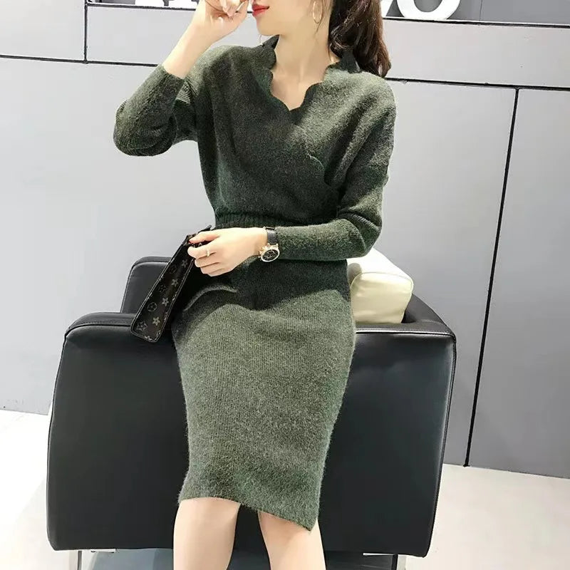 Pull Femme Autumn Winter Mid Length Slim Fit Knitted Dress Women's Wrap Buttocks Ruffled Sweater Fashion V Neck Pullovers