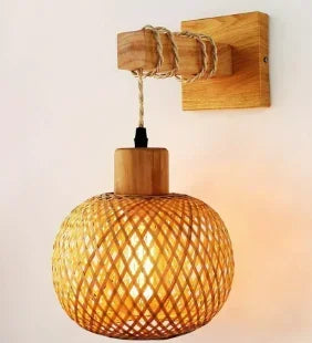 Plug-in Retro Wabi-sabi Bamboo Woven Bedside Wall Lamp Dining Room Rattan Lamp Bedroom Balcony Rural Indoor Background Wall