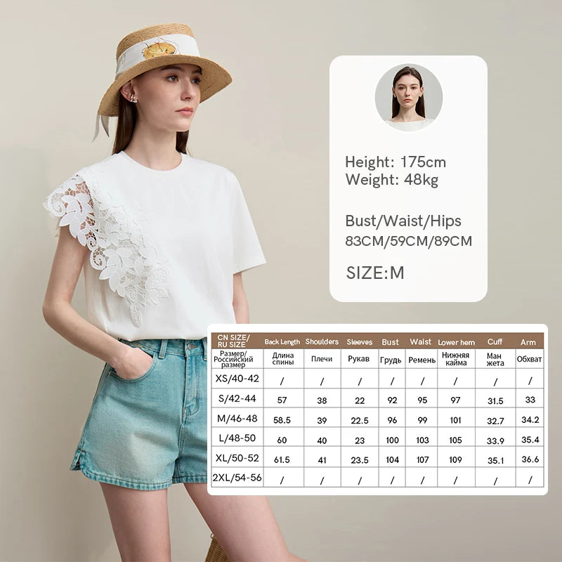 Amii Women T Shirt 2026 Summer New Tops O-Neck Moisture-Wicking Cotton Tee Asymmetric Lace Loose Short Sleeve T-Shirts 12642026