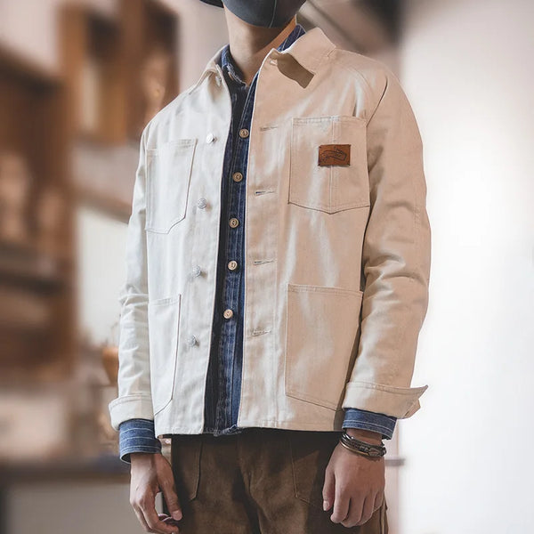 Maden Workwear អាវក្រៅកការ៉េពណ៌សរបស់បារាំងបែបវីនថេចហោប៉ៅធំសម្រាប់បុរស Raglan អាវធំដើមរដូវស្លឹកឈើជ្រុះ