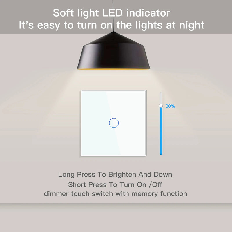 BSEED Touch Dimmer Switch 1Gang 1Way Led Dimmer 220V Wall Light Switch Crystal Glass Panel Blue Backlight Memory Function