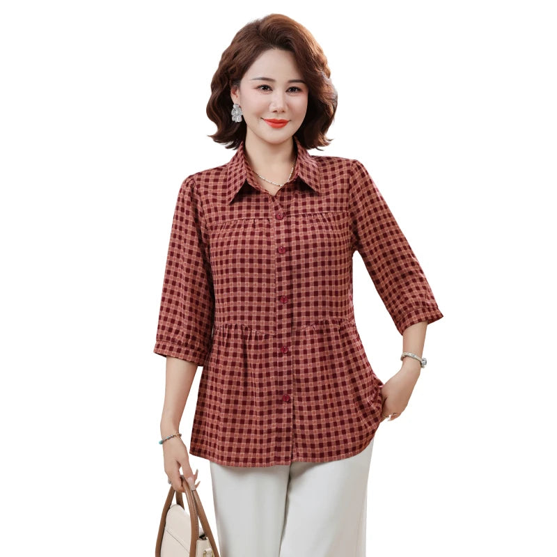 អាវក្រឡាចត្រង្គរលុងទាន់សម័យ សម្លៀកបំពាក់នារី អាវដៃវែងធម្មតារដូវក្តៅបែបវីនថេច