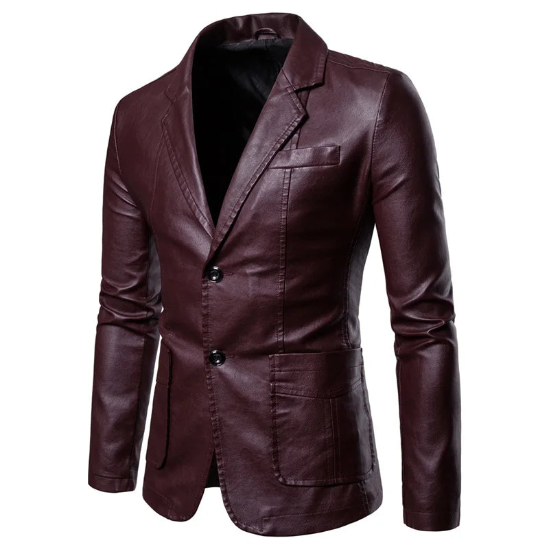 2026 New Khaki Men's PU Jacket, Dark Blue  Burgundy Black Coat, Asian Size Slim Leather Blazers, M-5XL,2025 New