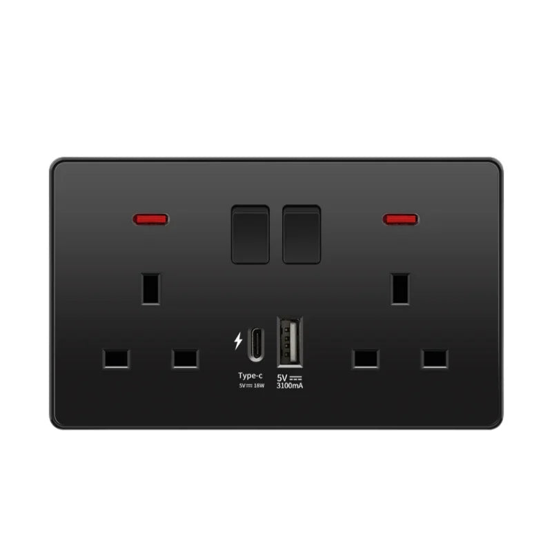 Black Universal Smart 3.1A USB C Wall Socket,UK Type-C 18W Fast Charging Plug Adapter Outlet,Dual Socket with Power Indicator