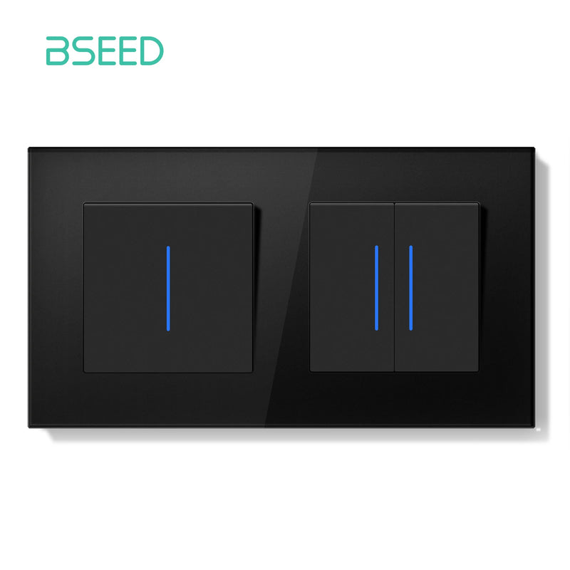 BSEED E Series Mechanical Wall Light Switch Button Switch 1/2Gang 1Way With Wall Socket Crystal Glass Panel Switch On Off 250V