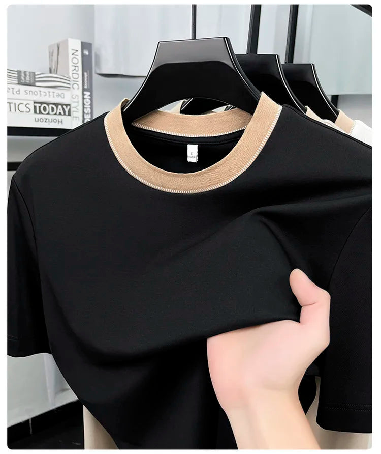Men's 2026 Spring Summer Contrast Collar T-Shirt, Soft Cotton Blend, Round Neck Short Sleeve, Smart Casual Daily Wear