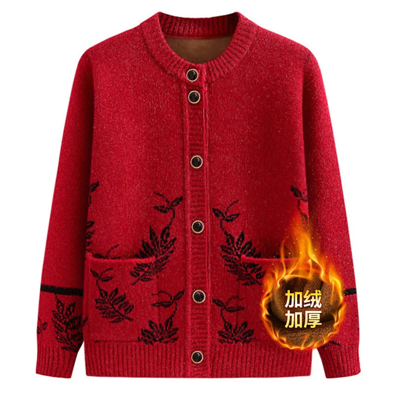 New Middle-Aged Elderly Women's Sweater Spring Autumn Cardigan Velvet Thicken Mother Knitted Top Grandma Winter Warm Coat
