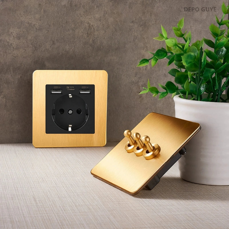 Retro Wall Light Toggle Switch Dual EU FR Socket Gold Stainless Steel Brushed Panel  Vintage Brass Lever For Home Improvement