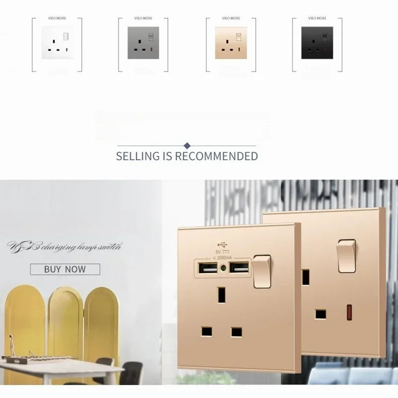Uk Type 86 13A Universal Rose Gold 220V Wall Large Warped 1gang2way Cross Button Light Switch,USB Electric Plug Wall Socket