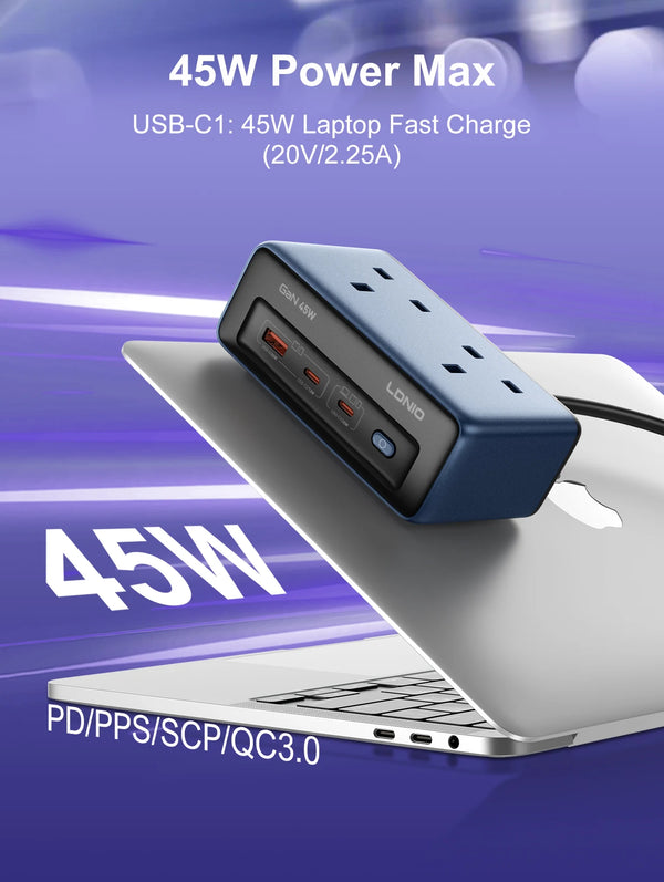 LDNIO 5-in-1 រន្ធដោតភ្លើង AC ចំនួន 2 សម្រាប់ចក្រភពអង់គ្លេស ការពារចរន្តអគ្គិសនី ខ្សែភ្លើងបន្ថែមប្រវែង 2 ម៉ែត្រ រន្ធ USB ចំនួន 3 រន្ធ Type-C ចំនួន 1 ស្ថានីយសាកថ្មលើតុ