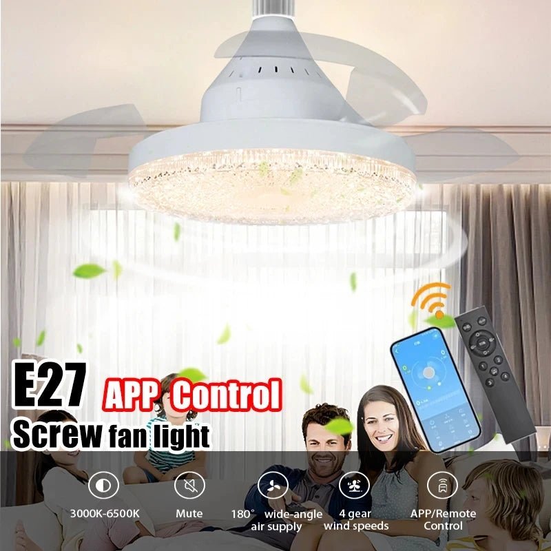 ចង្កៀងពិដានកង្ហារជាមួយ APP និងឧបករណ៍បញ្ជាពីចម្ងាយ ចង្កៀងគ្រីស្តាល់សាមញ្ញស្ងាត់ ការតុបតែងផ្ទះ ភ្លើងបំភ្លឺបន្ទប់គេងទំនើប