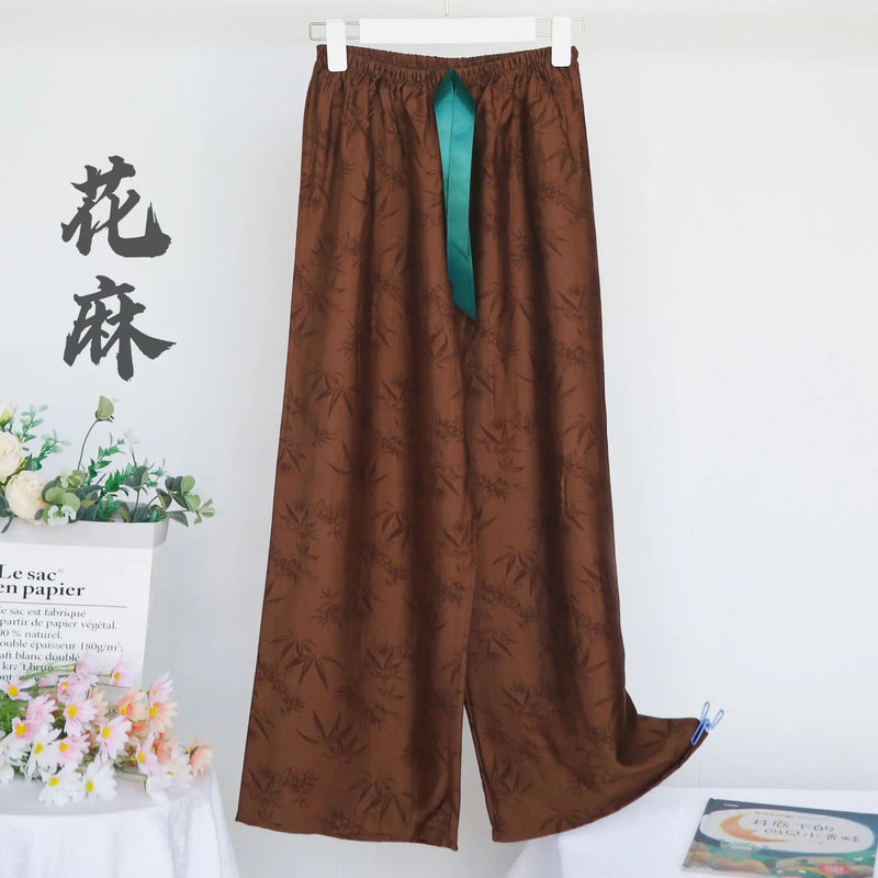Spring Fall Cotton Linen Jacquard Sleepwear Retro Wide Leg Pants Casual Loose Versatile Home Pant Women Pajamas Trousers