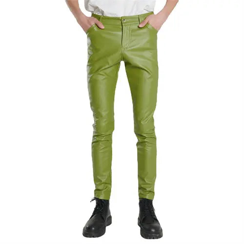2026 New Men's Leather Pants Fashion Slim PU Trousers Red Blue Black Gray White Pantalones Hombre