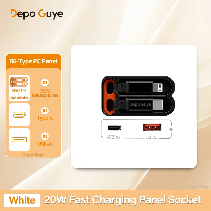 EU Universal 20W USB C Smart Wall Socket Panel Dual Type-C Fast Charge Ports Mobile Phone Charging Outlet