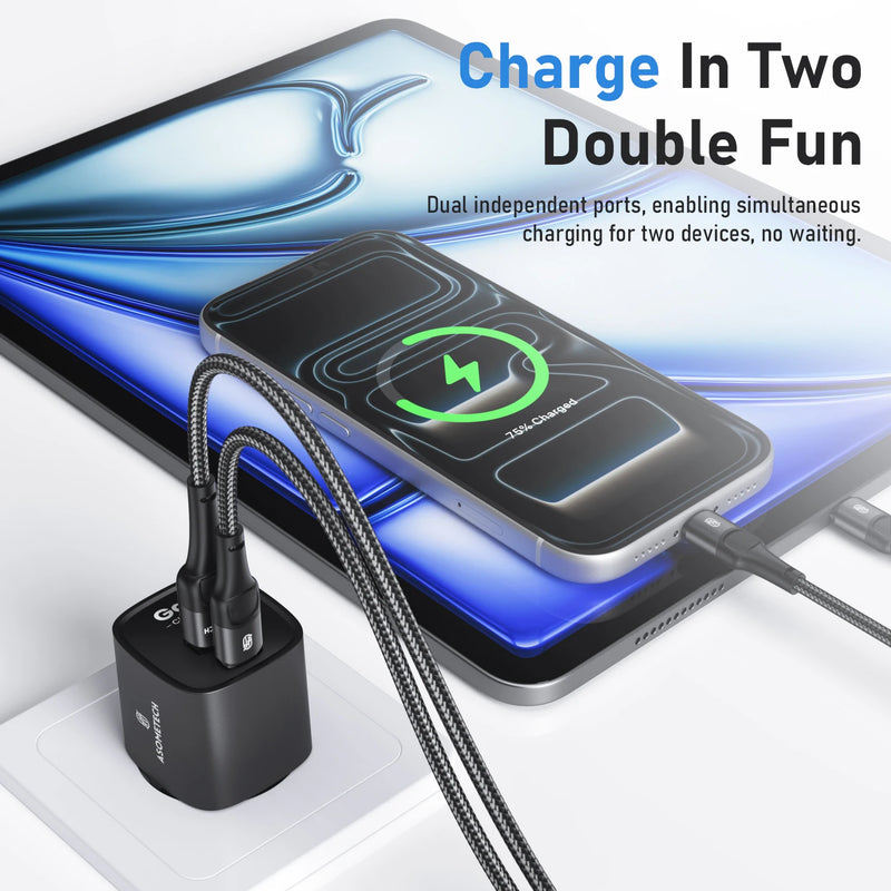 ឆ្នាំងសាក GaN USB Type C 33W Samsung រន្ធពីរ PD PPS សាកថ្មលឿនសម្រាប់ iPhone 17 16 15 Pro Max iPad Samsung S23 Ultra Xiaomi