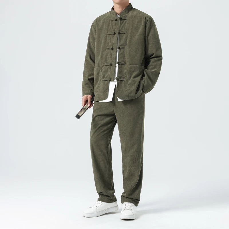 2026 Men's 2-Piece Set in Black Corduroy Fabric, Featuring A Chinese-inspired Single-breasted Stand-up Collar Jacket with Pants.