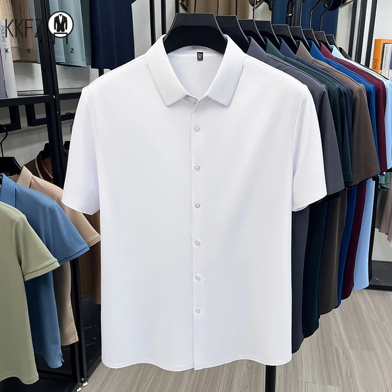 Men Short Sleeve Button Up Shirt Casual Ice Silk Business Formal Shirt Breathable Wrinkle Free Summer Top